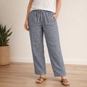 Talbots Linen Pants Womens 8 Blue White Stripes Drawstring Pockets Beachy